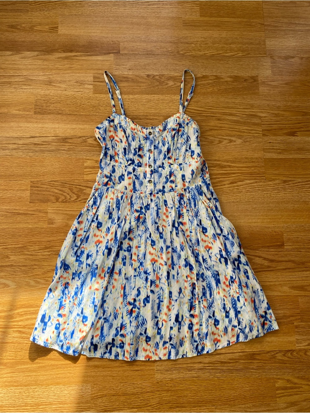 5 for $25! Express White Floral Sun Dress with Blue & Orange Accents